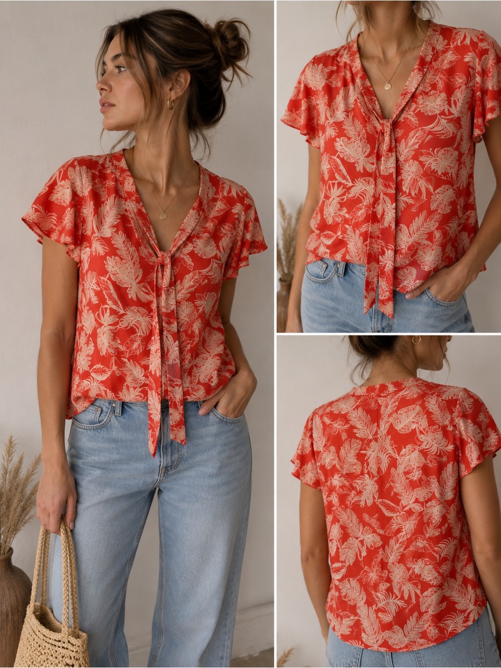 Maison Labiche Paris 100% Silk Tropical Print Tie Neck Blouse Size S Coral